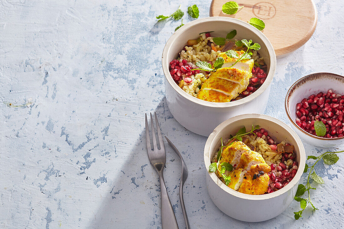 Bulgur with curry chicken and pomegranate seeds