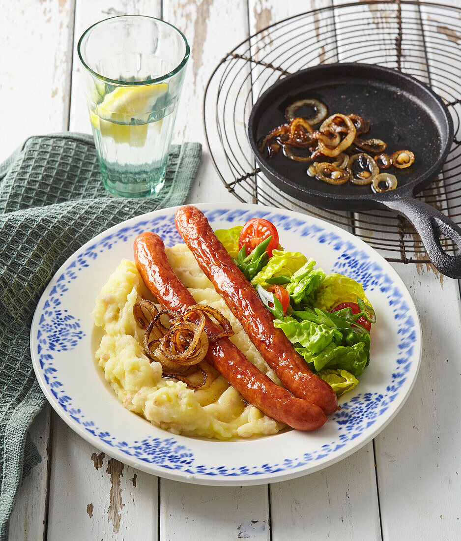 Sausage with barley and mashed potatoes