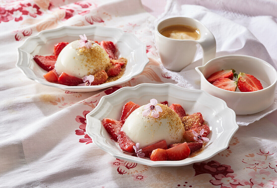 Tonka bean panna cotta with baked strawberries