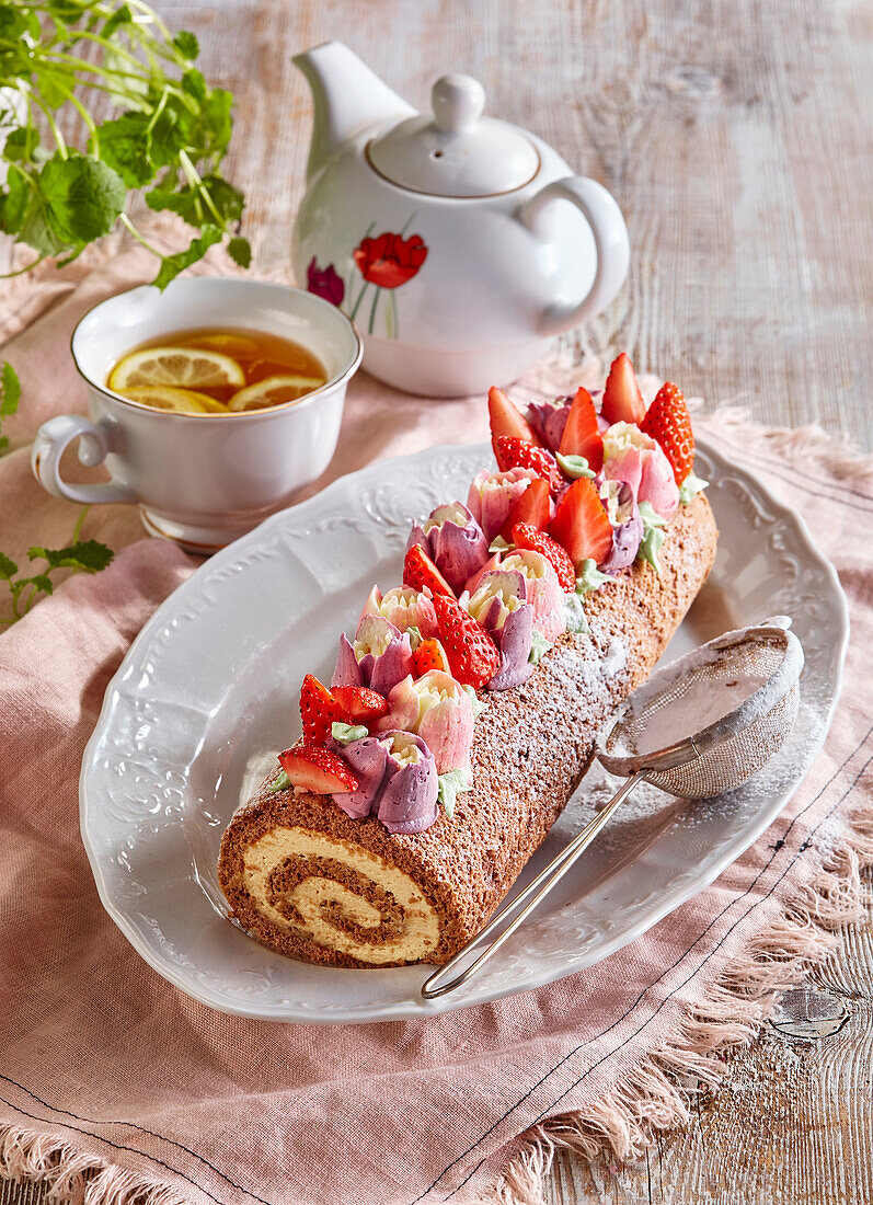 Spring sponge roll with strawberries