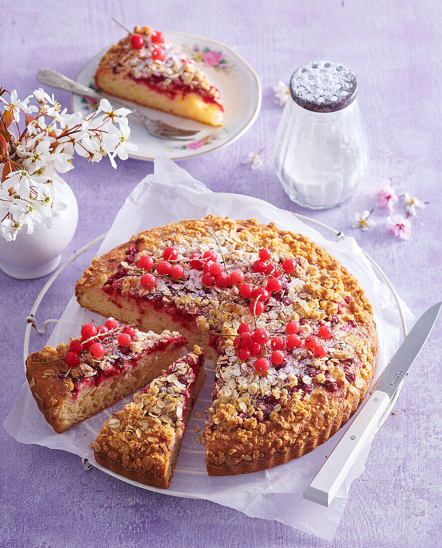 Kuchen mit Honig und roten Johannisbeeren