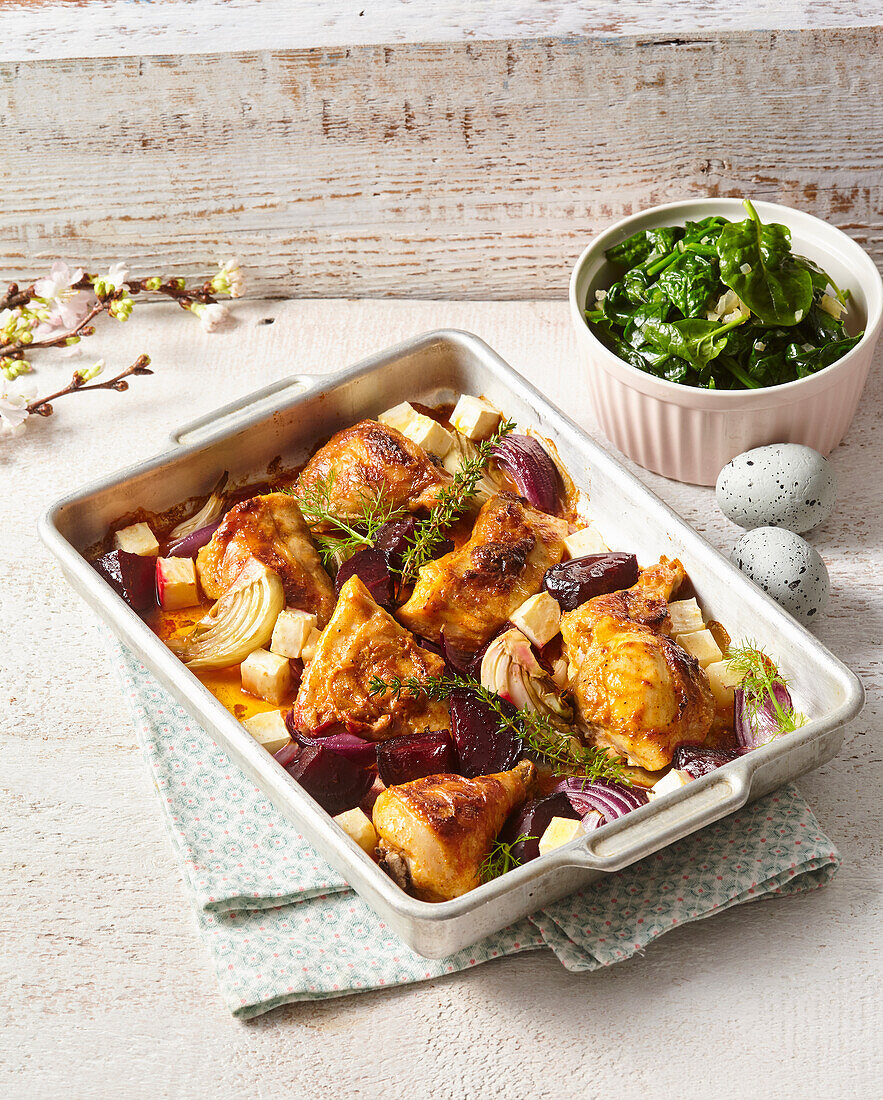 Oven-baked chicken with beetroot