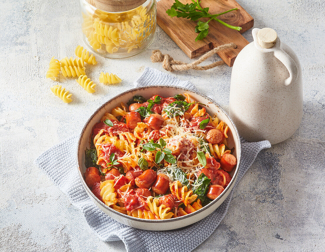 Fusilli mit Tomatensauce und Wurst