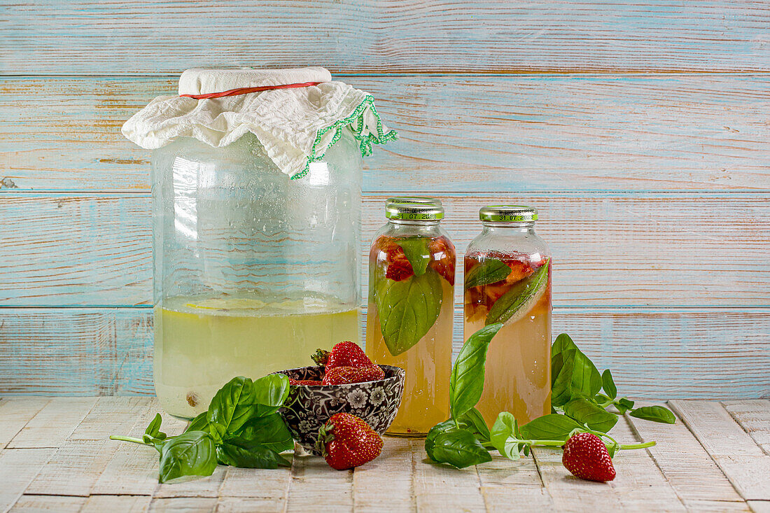 Water kefir infused with strawberries and basil