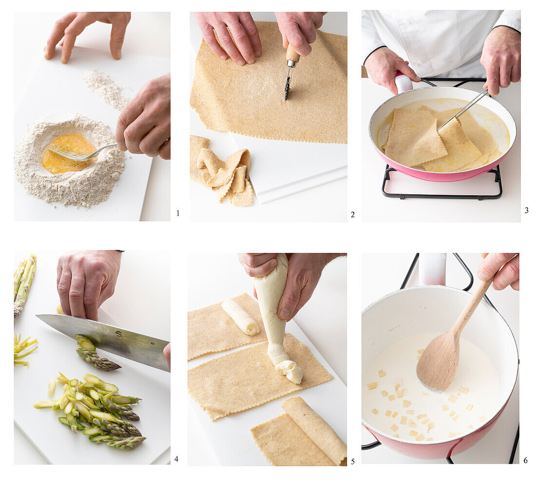 Prepare cannelloni au gratin with green asparagus