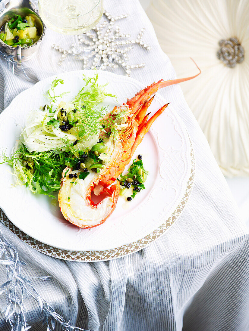 Lobster with green olive and currant salsa