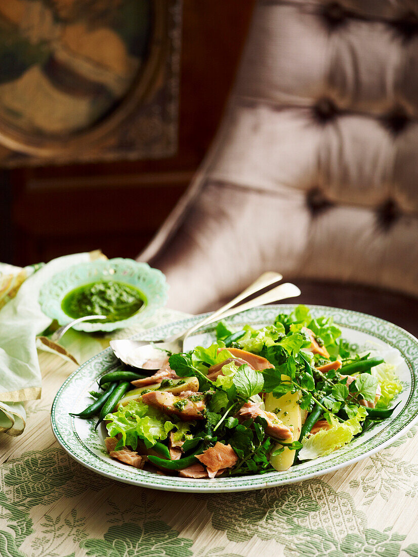 Smoked trout salad with salsa verde dressing