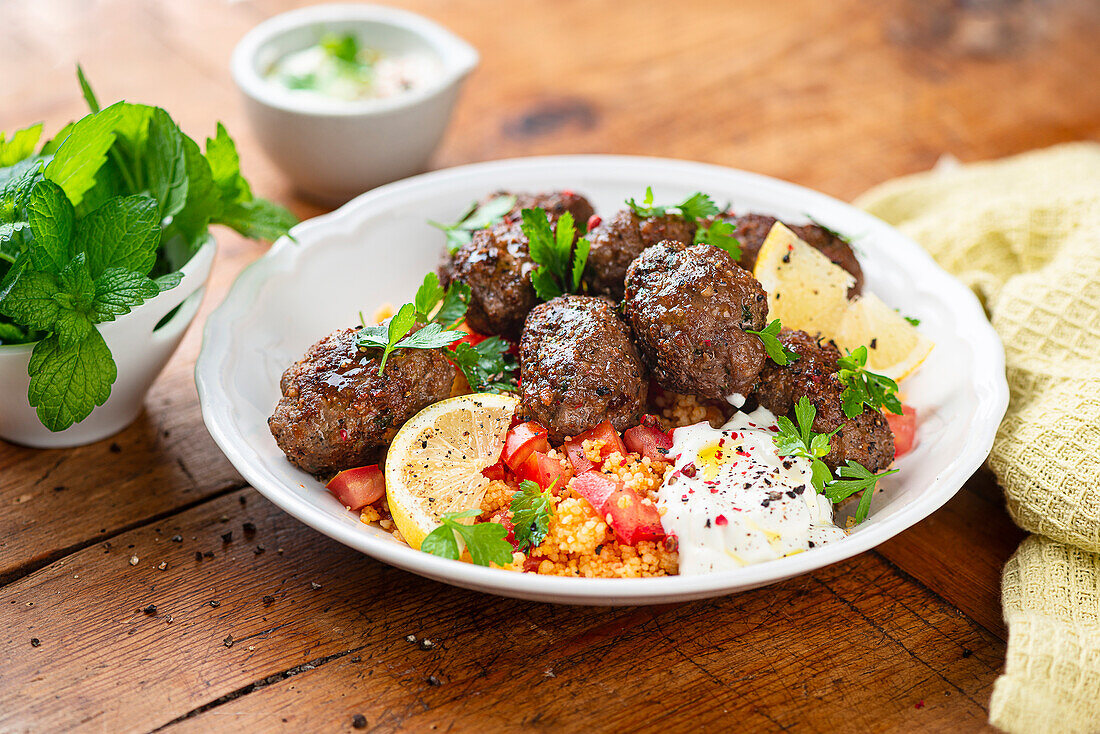 Kofta with tomatoes, couscous and spicy yogurt dip