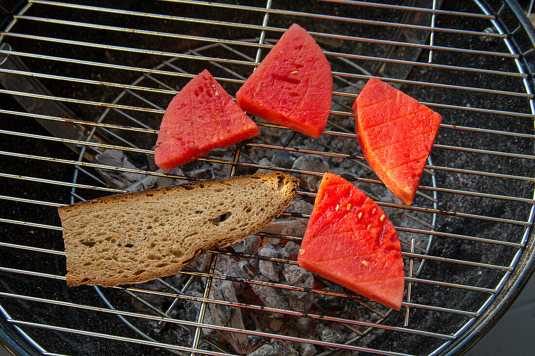 Bread and watermelon on the grill