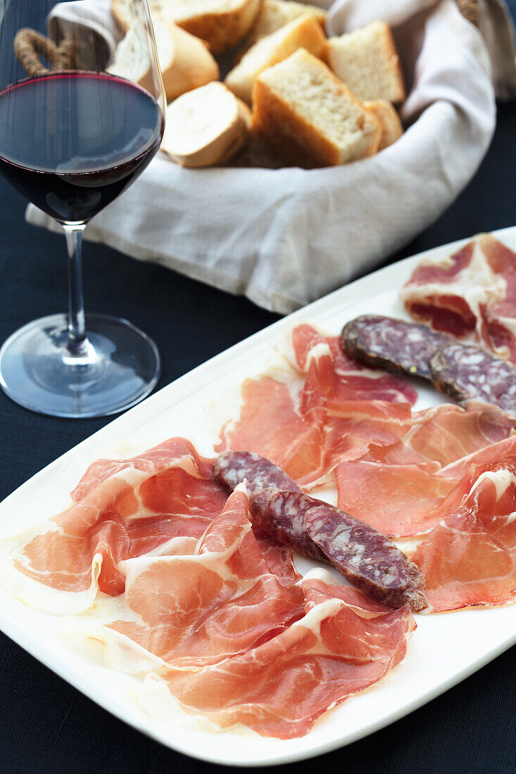 Culatello, salami, Parma ham, Coppa di Parma and Lambrusco