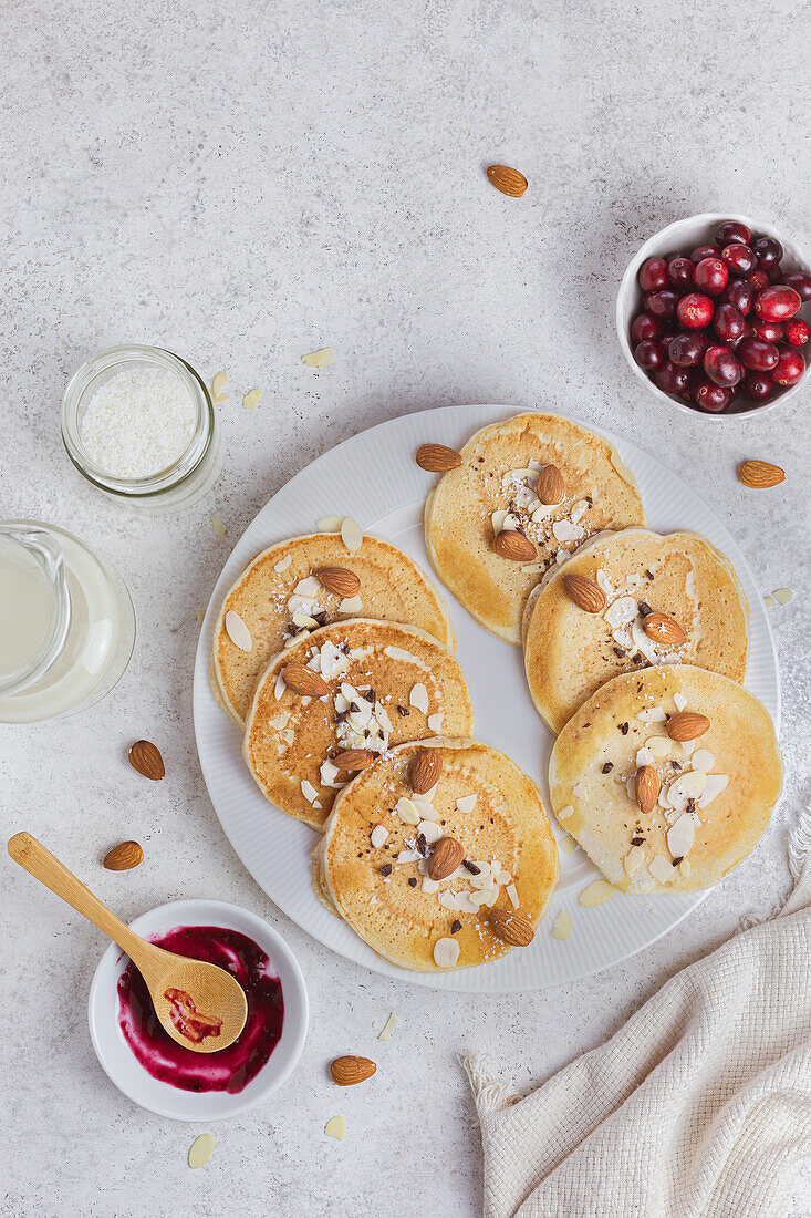 Buttermilk pancakes garnished with almonds