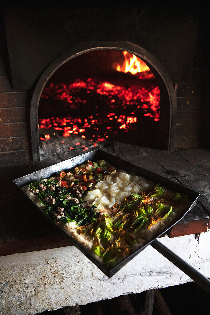 Colorful pizza tray in front of pizza oven