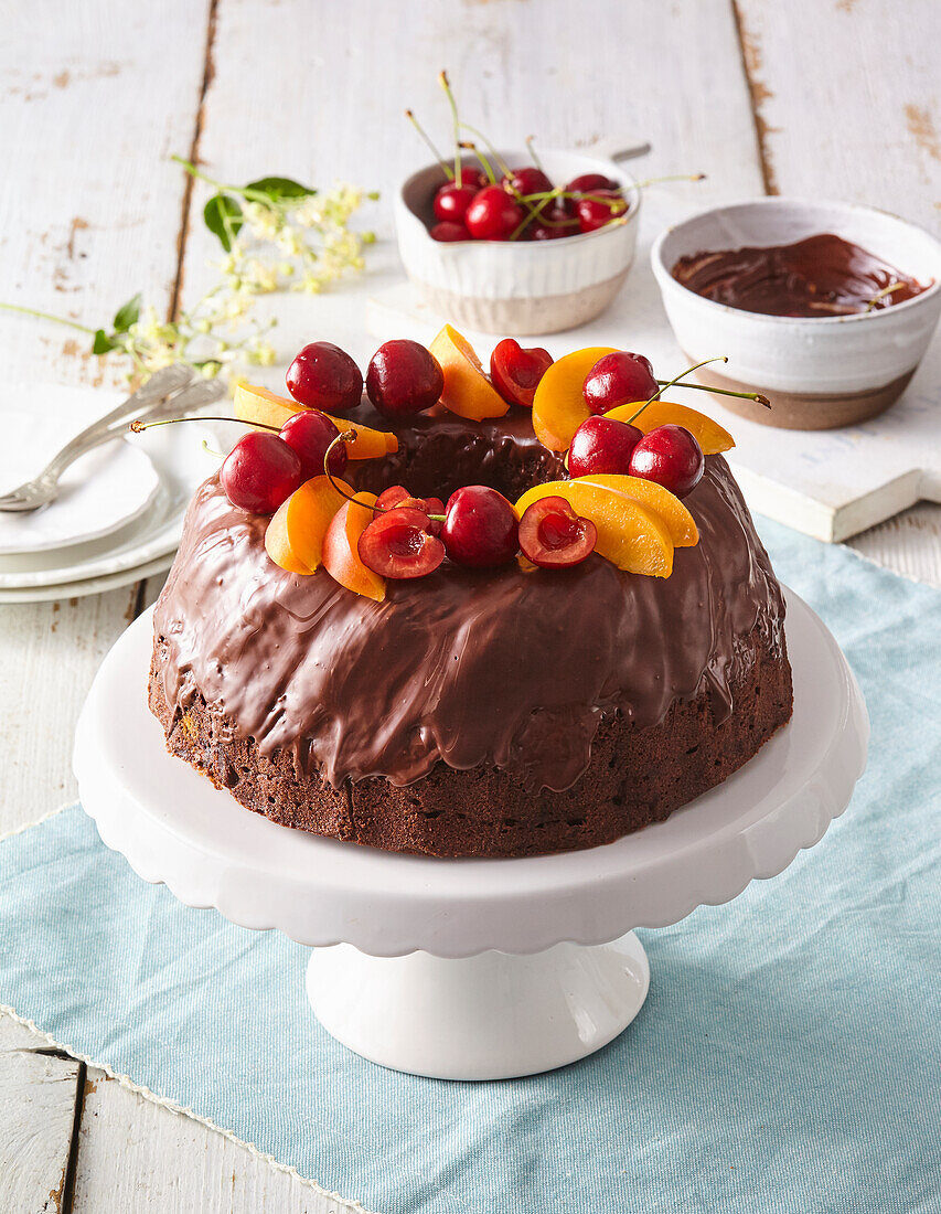 Chocolate bundt cake with fresh fruit