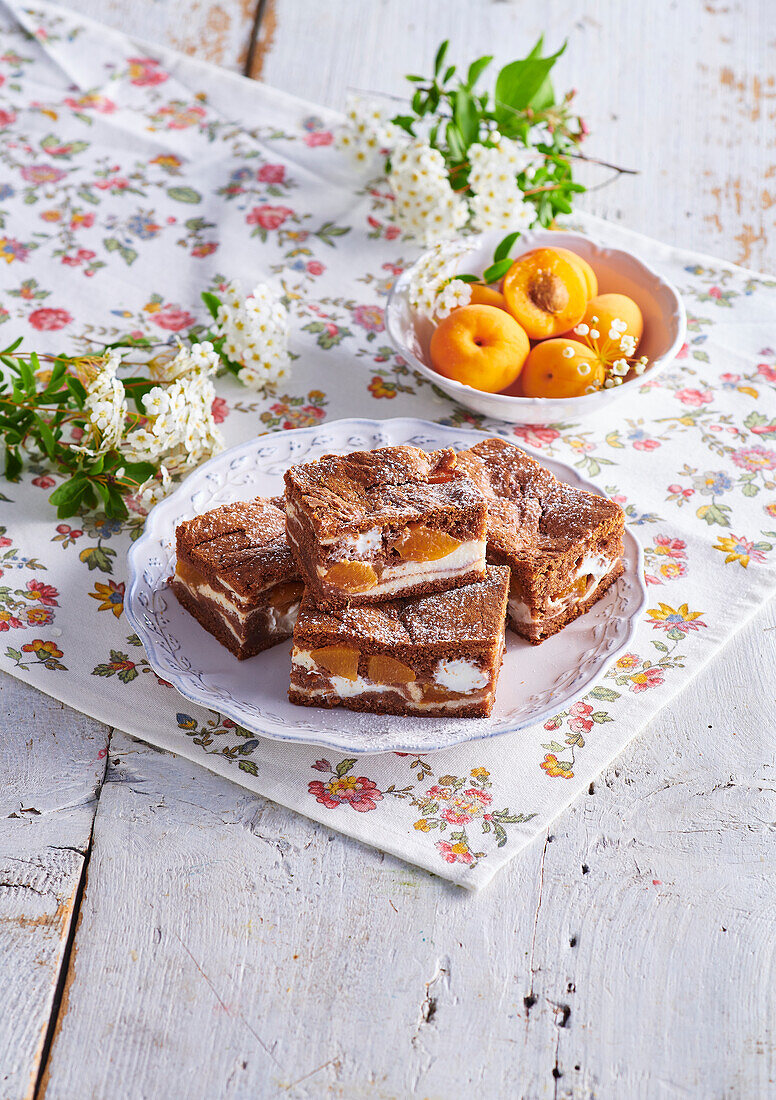 Kakao-Blechkuchen mit Aprikosen und Quark