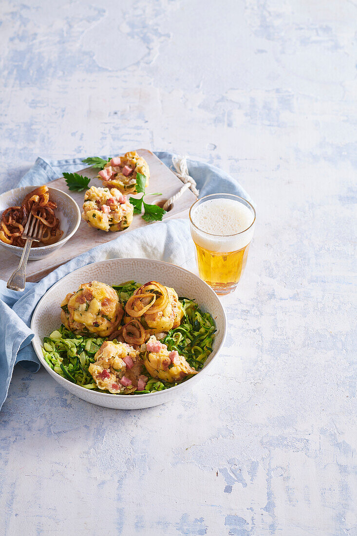 Bacon dumplings with braised zucchini