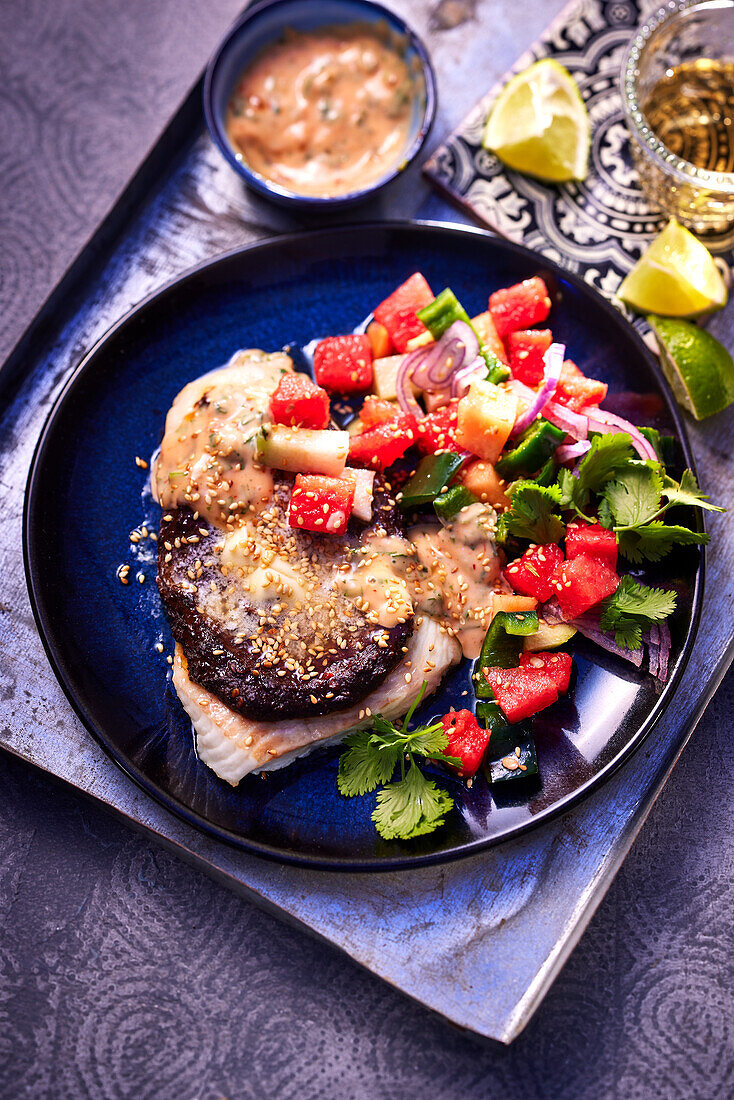 Blackened catfish fillet with mole and melon salad