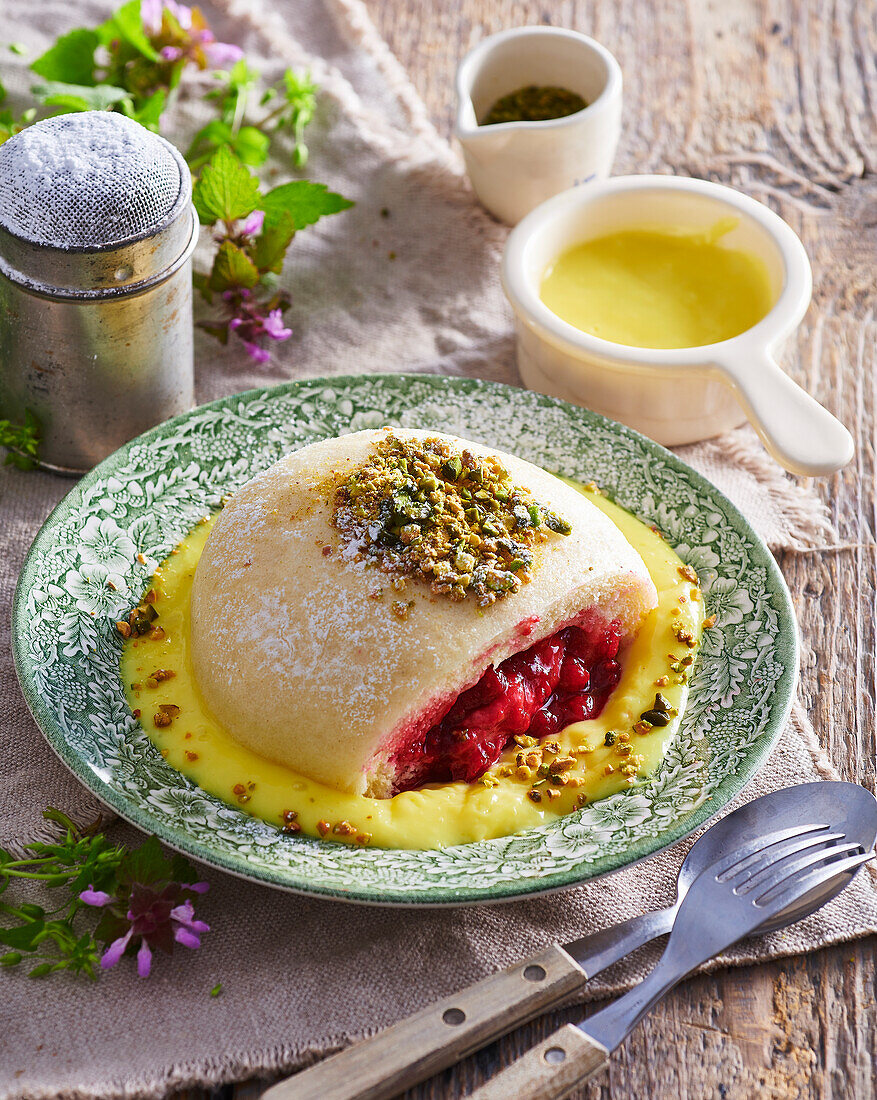 Yeast dumpling with raspberry filling, vanilla sauce and pistachios