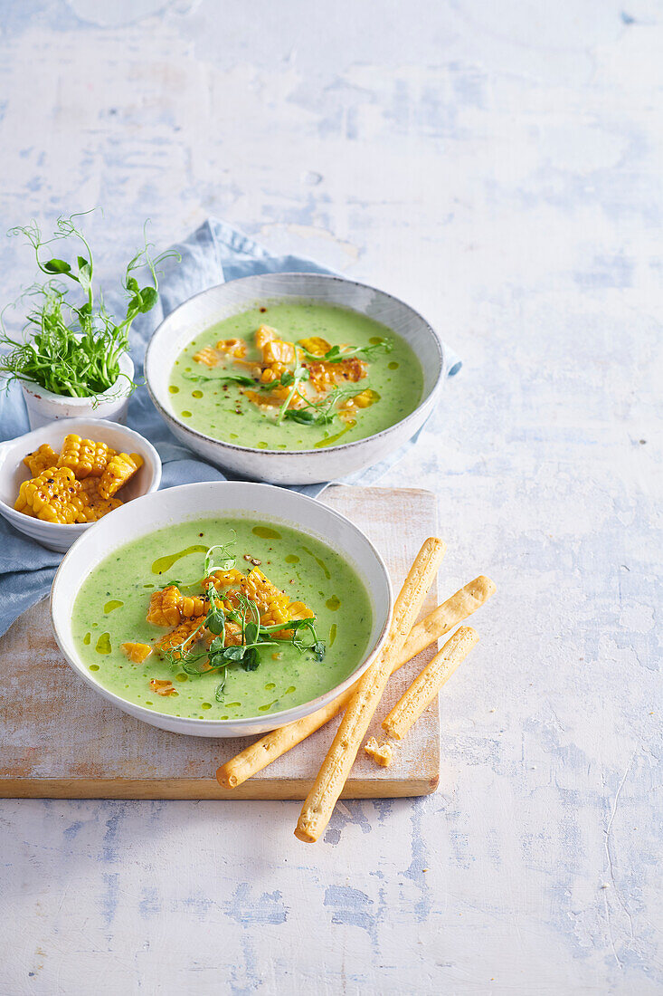 Zucchini soup with sweetcorn and grissini