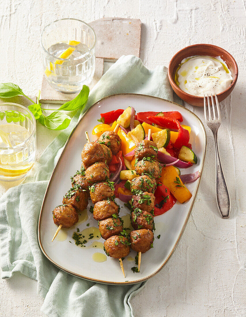 Meatball skewers with grilled vegetables