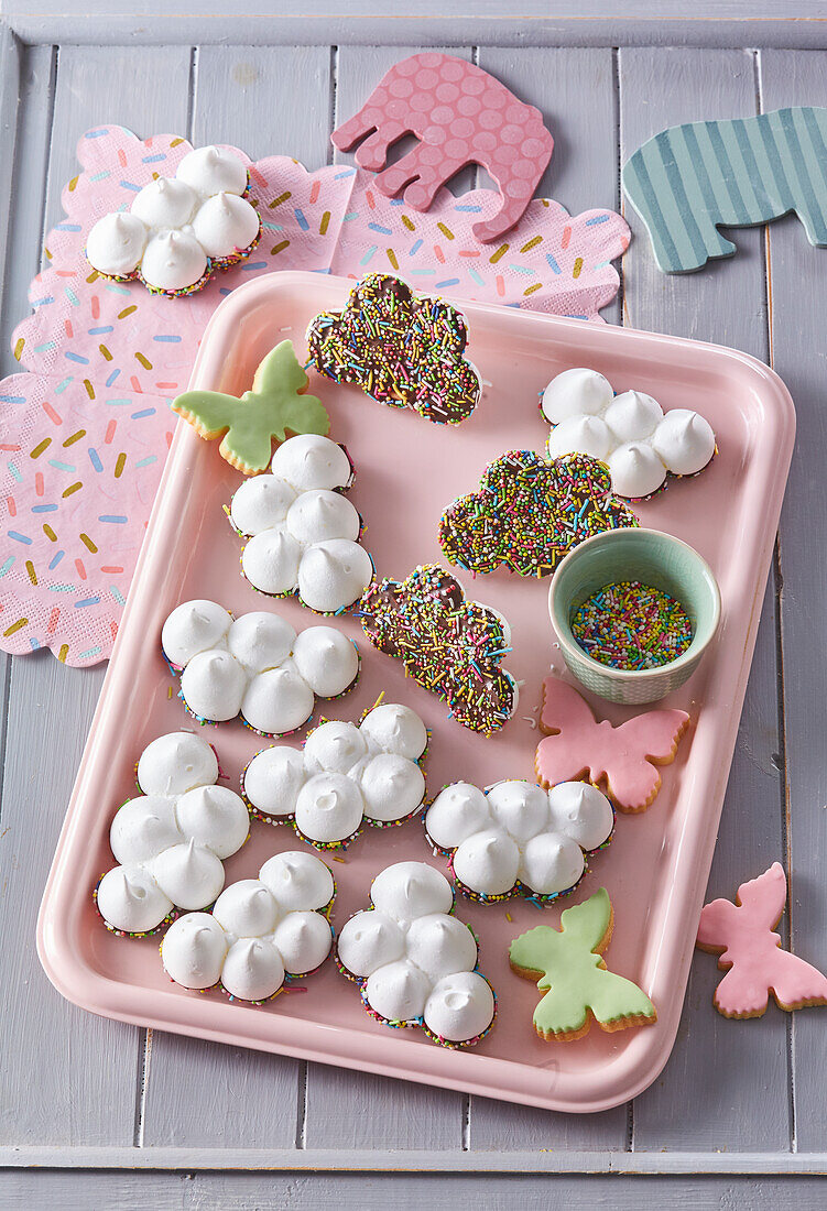 Meringue clouds with chocolate and sprinkles