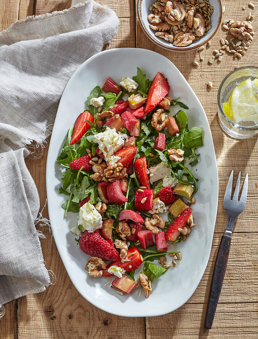 Rhubarb salad with strawberries and feta cheese