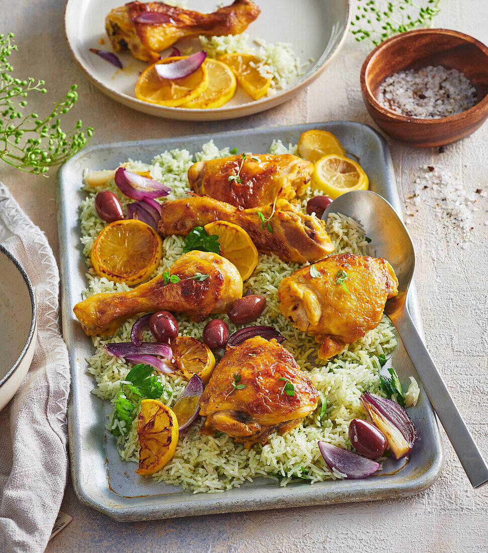 Roasted lemon chicken on herb rice