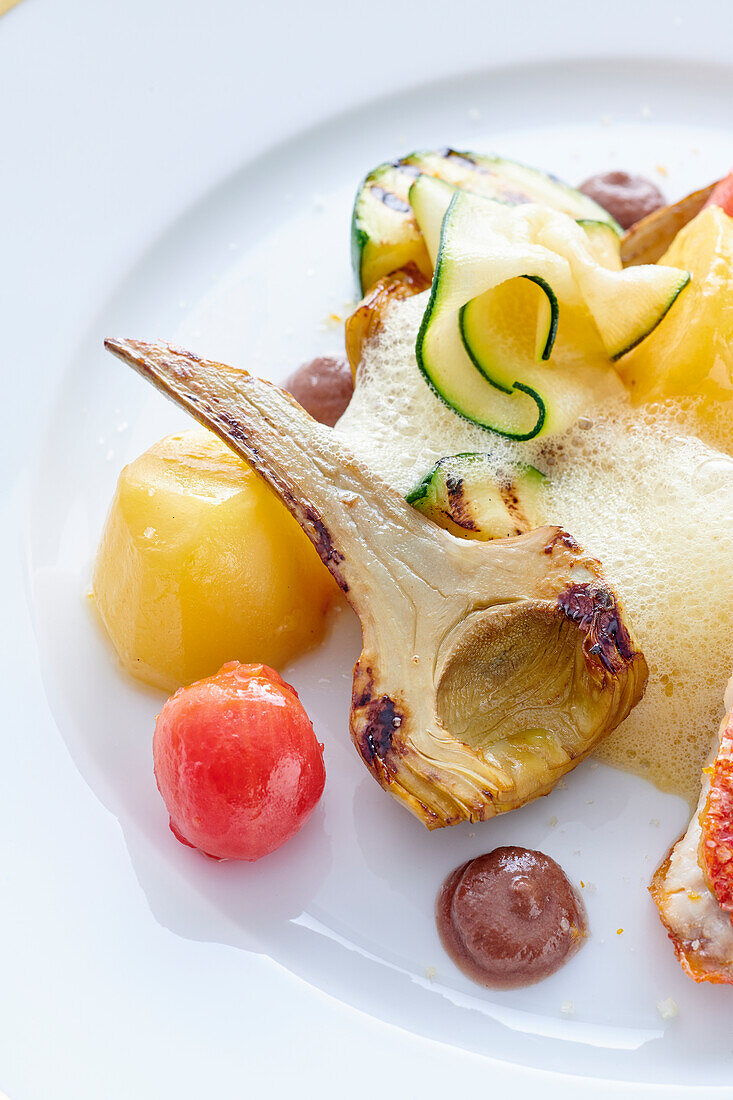 Red mullet with grilled vegetables and garlic espuma