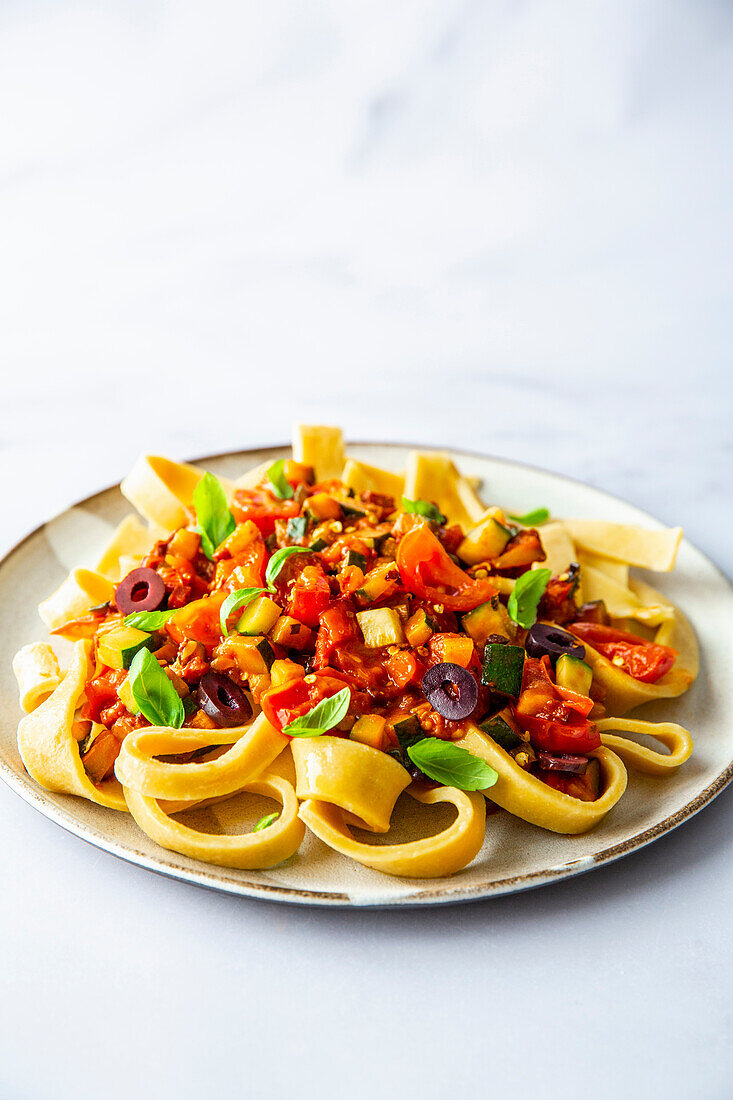 Chickpea ribbon noodles with Amatriciana