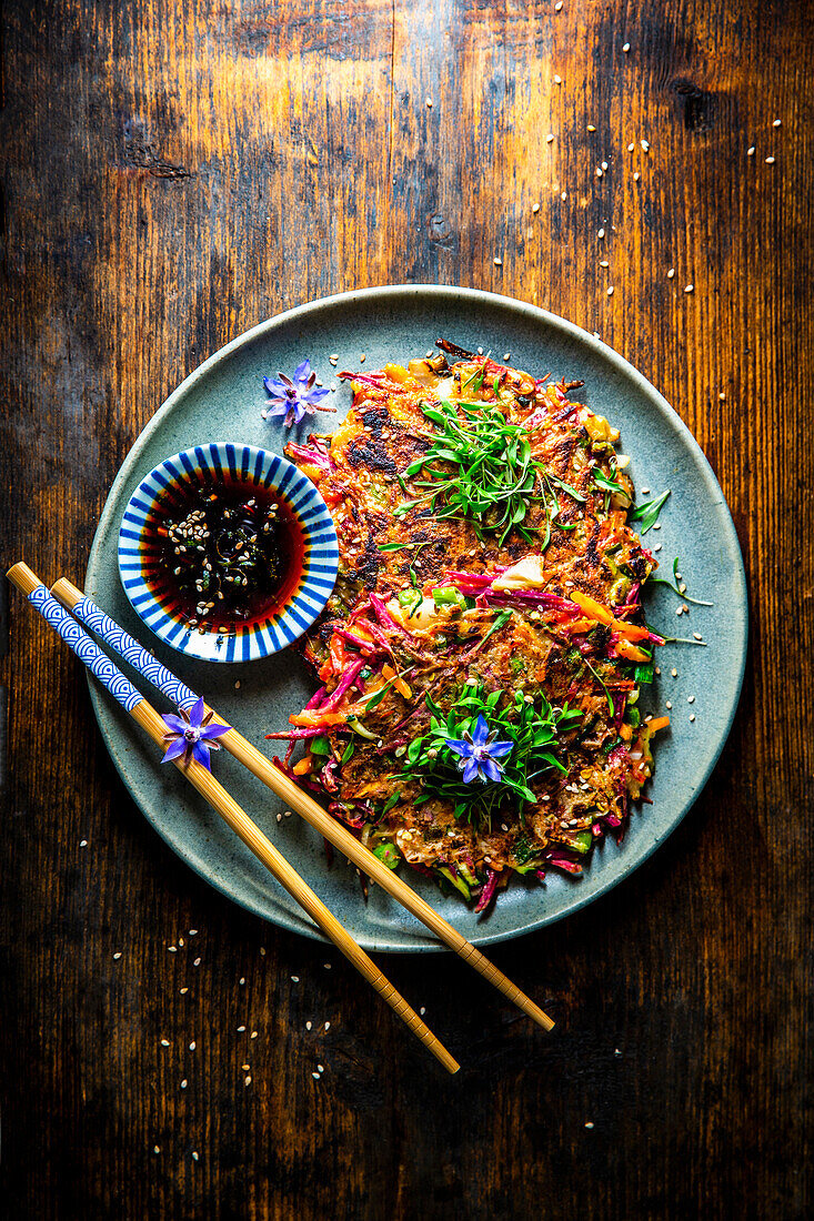 Korean vegetable pancakes with Asian dip