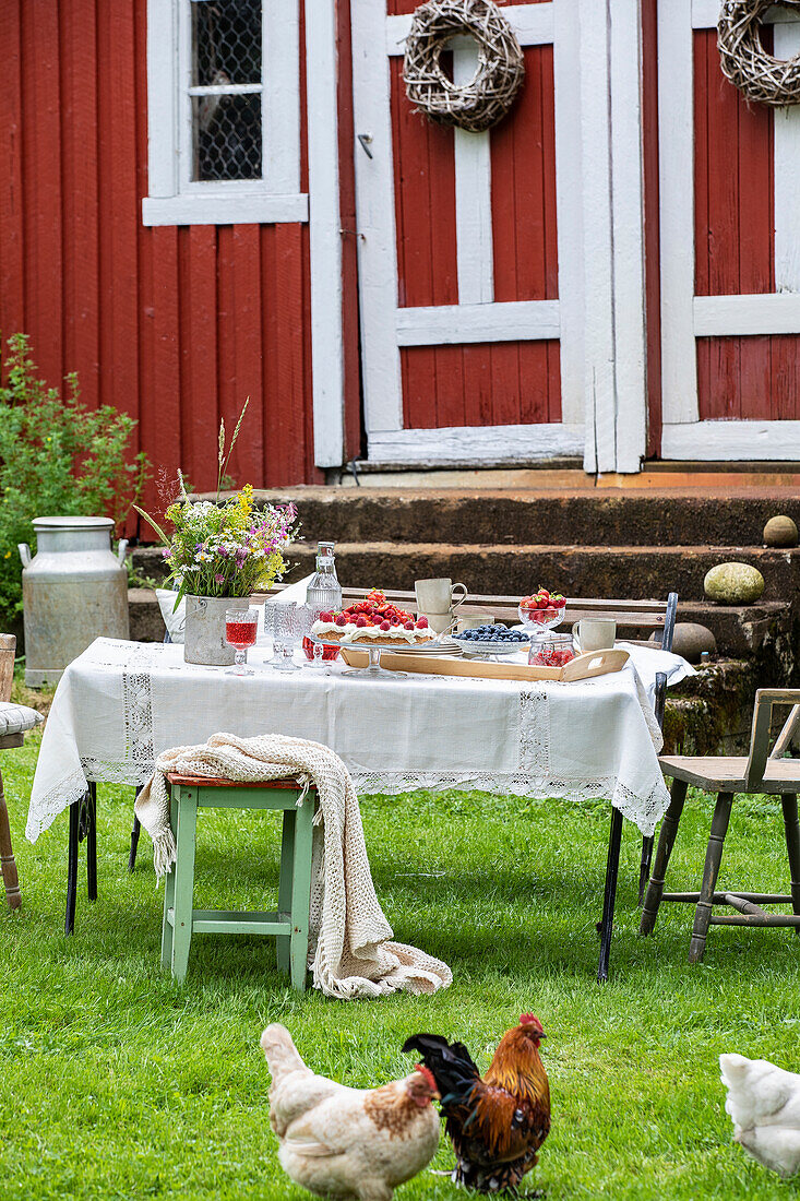 Country-style table setting in the front garden with chickens