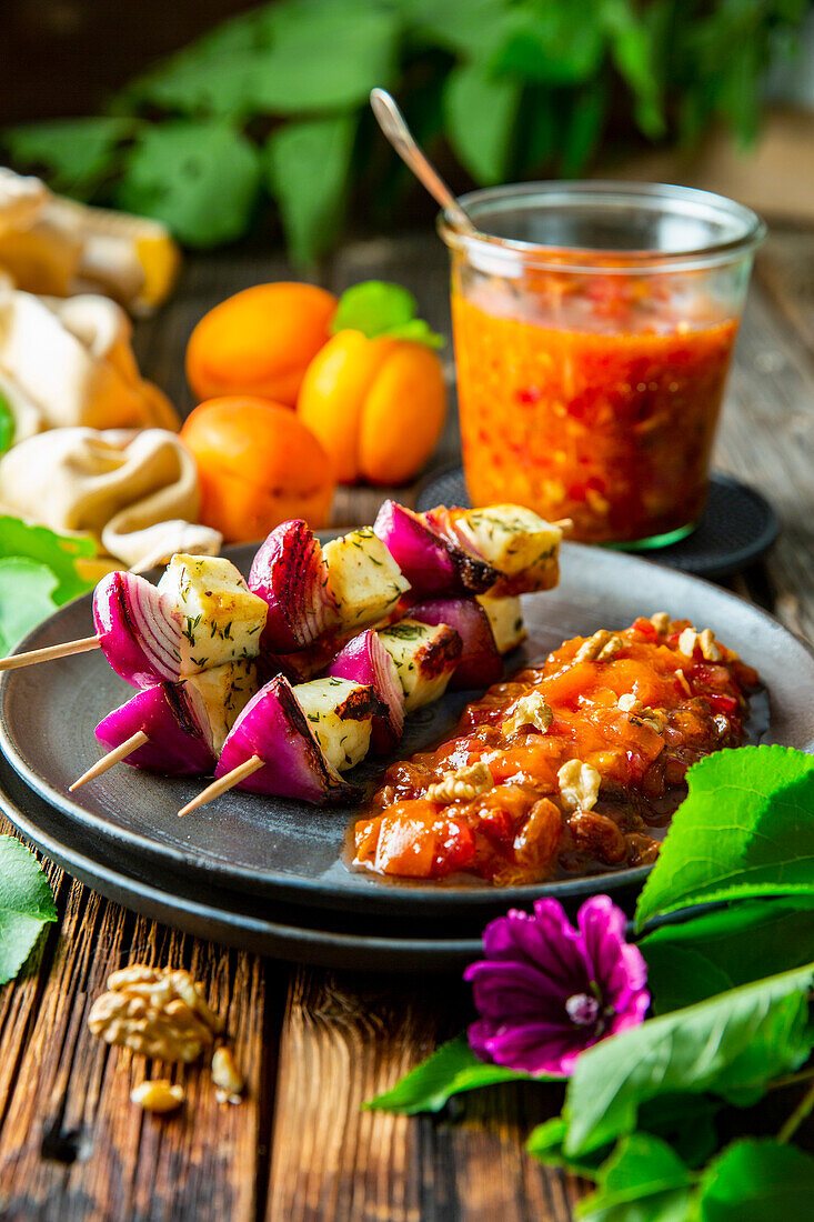 Halloumi and onion skewers with apricot chutney