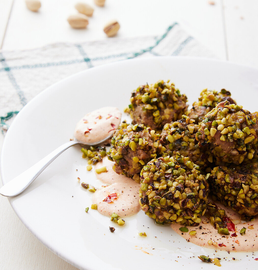 Beef balls with pistachio crust and squacquerone