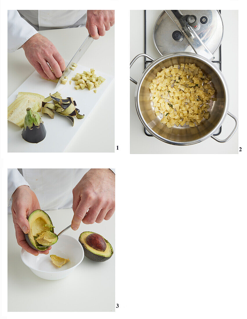 Preparing eggplant with guacamole