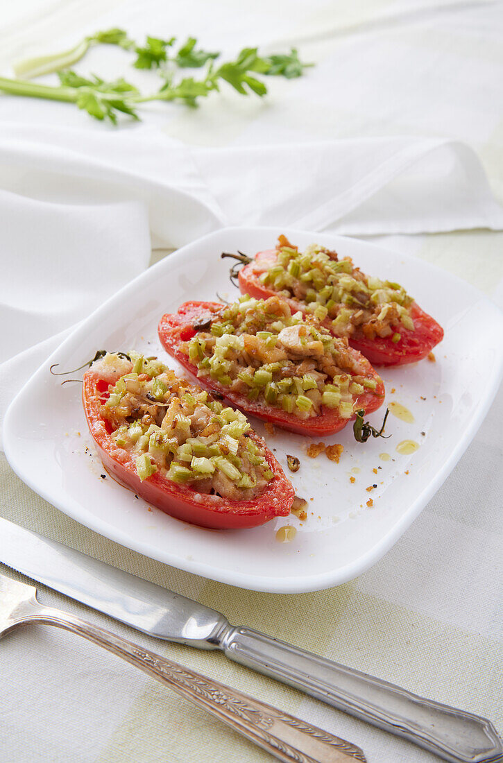 San Marzano tomatoes with rabbit and celery stuffing