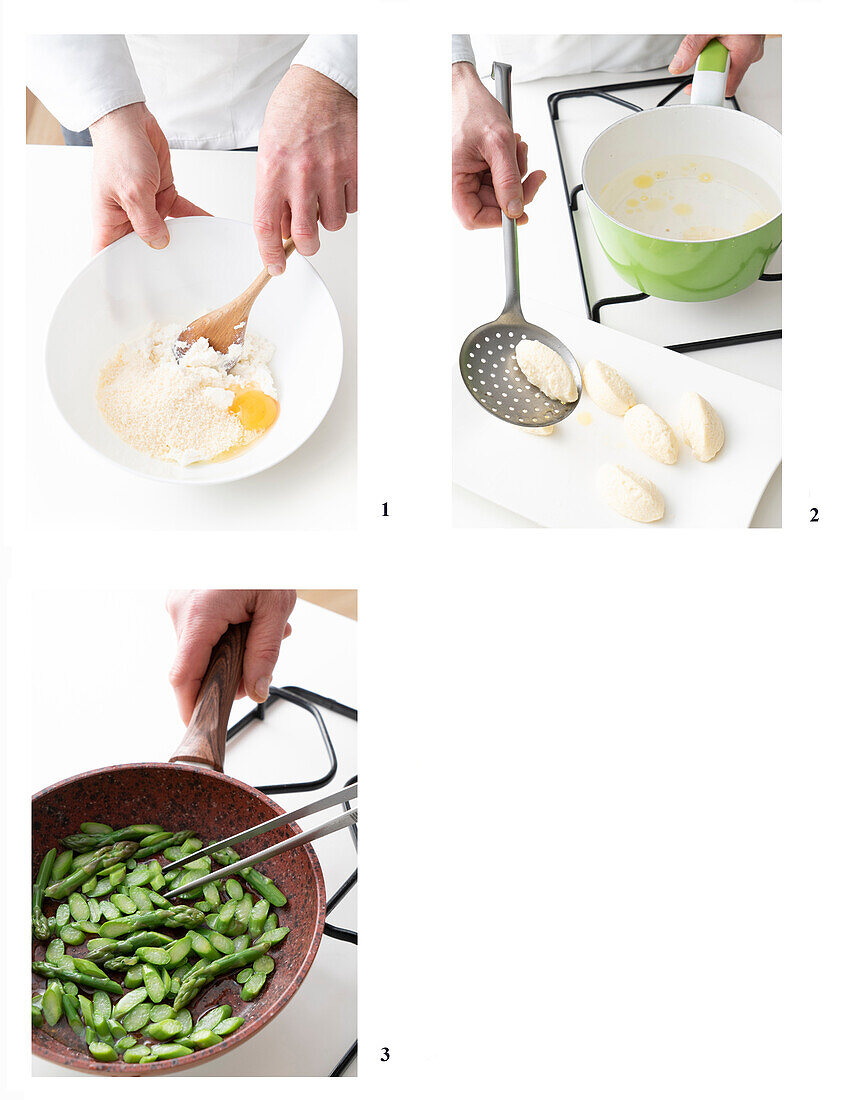 Making ricotta gnudi with green asparagus