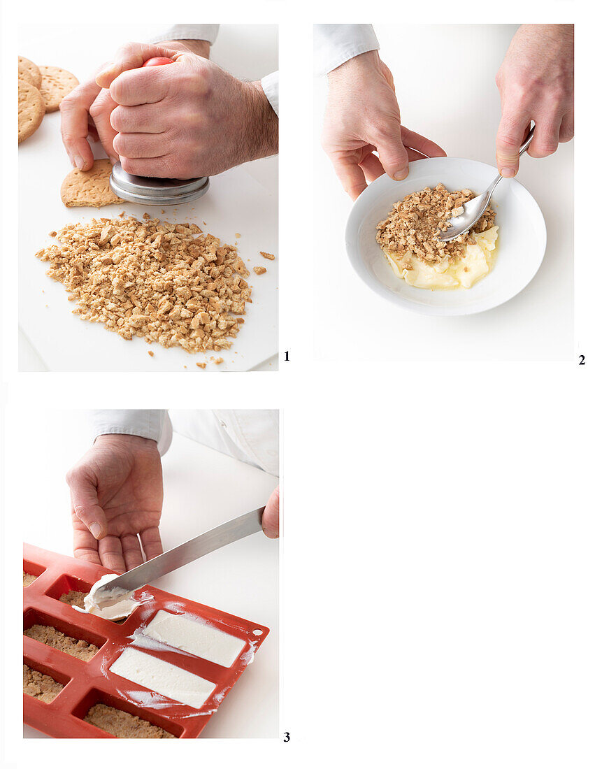 Preparing cheesecake slices with a cookie base