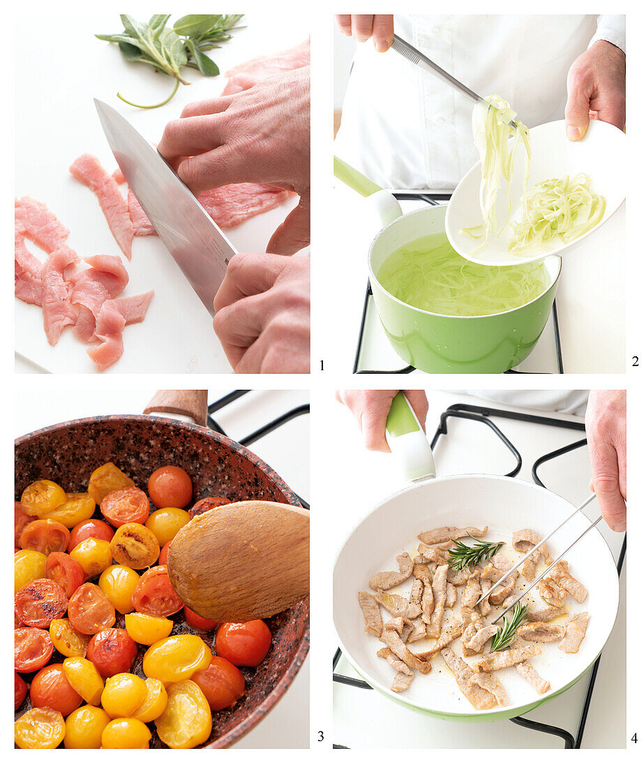 Preparing veal strips with cherry tomatoes and celery stalks