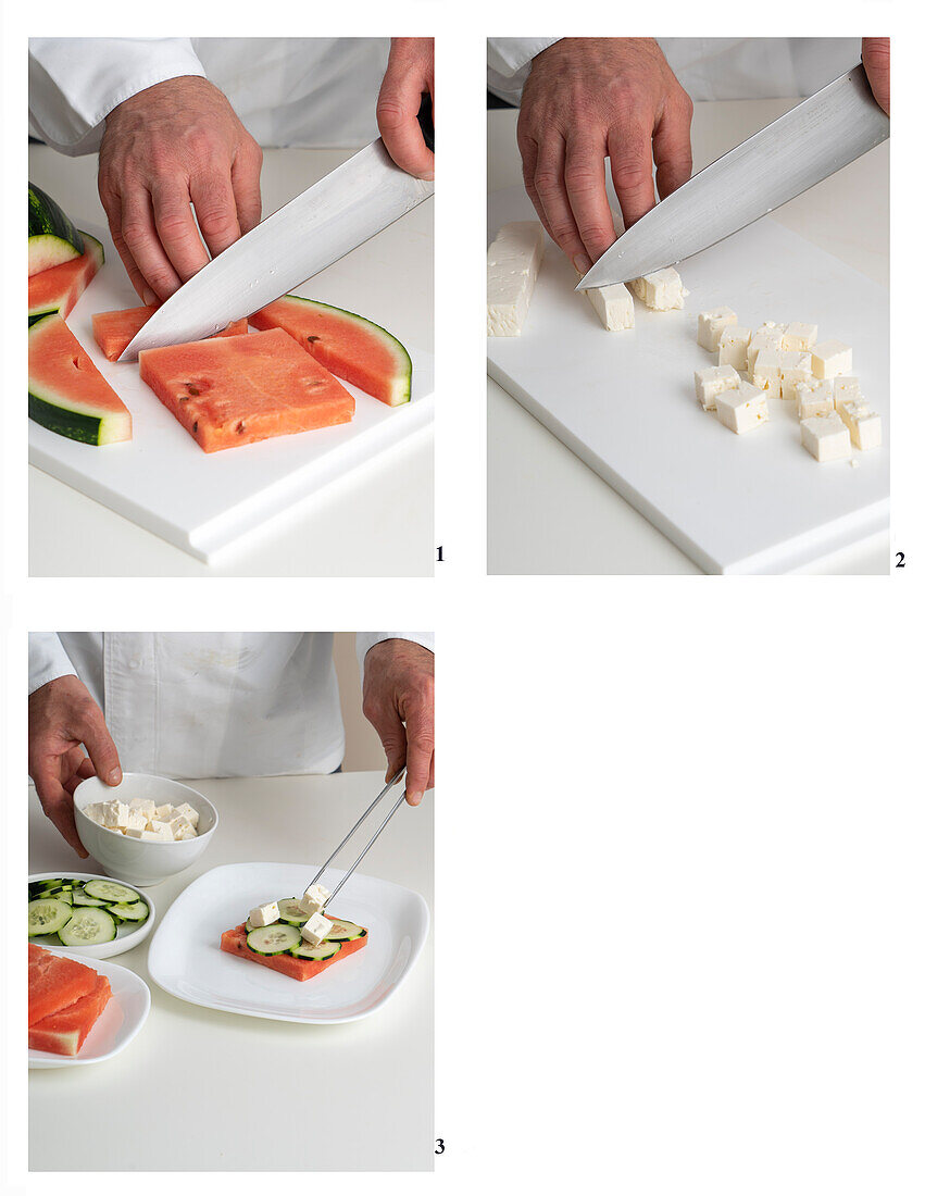 Prepare watermelon sandwich with cucumber, olives, and feta