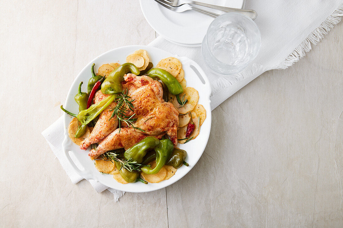 Roasted chicken with paprika Friarelli pepper and crisps