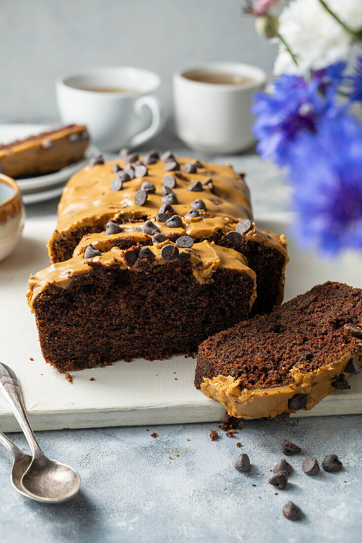 Mocha cake with latte icing and chocolate chips