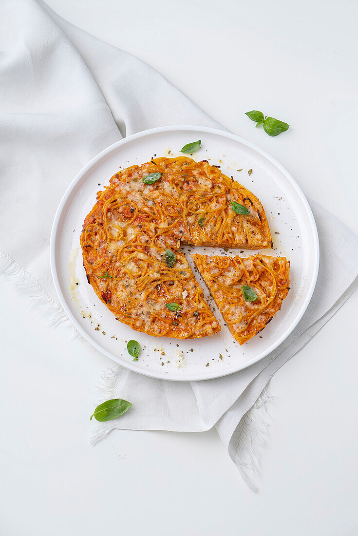 Spaghetti frittata with tomato sauce