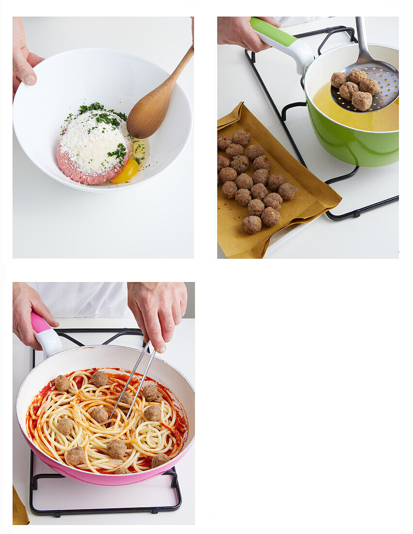 Preparing scalloped bucatini with tomato sauce and meatballs