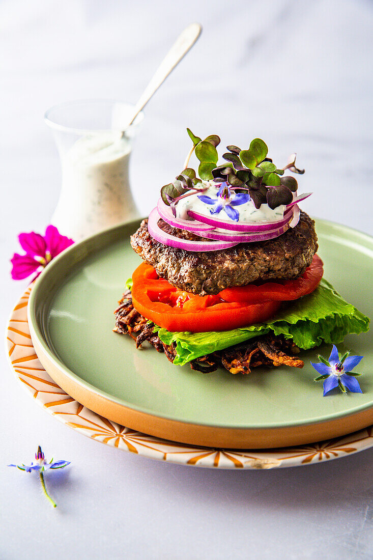 Open Faced Sweet Potato Burger with Dill Yogurt Cream