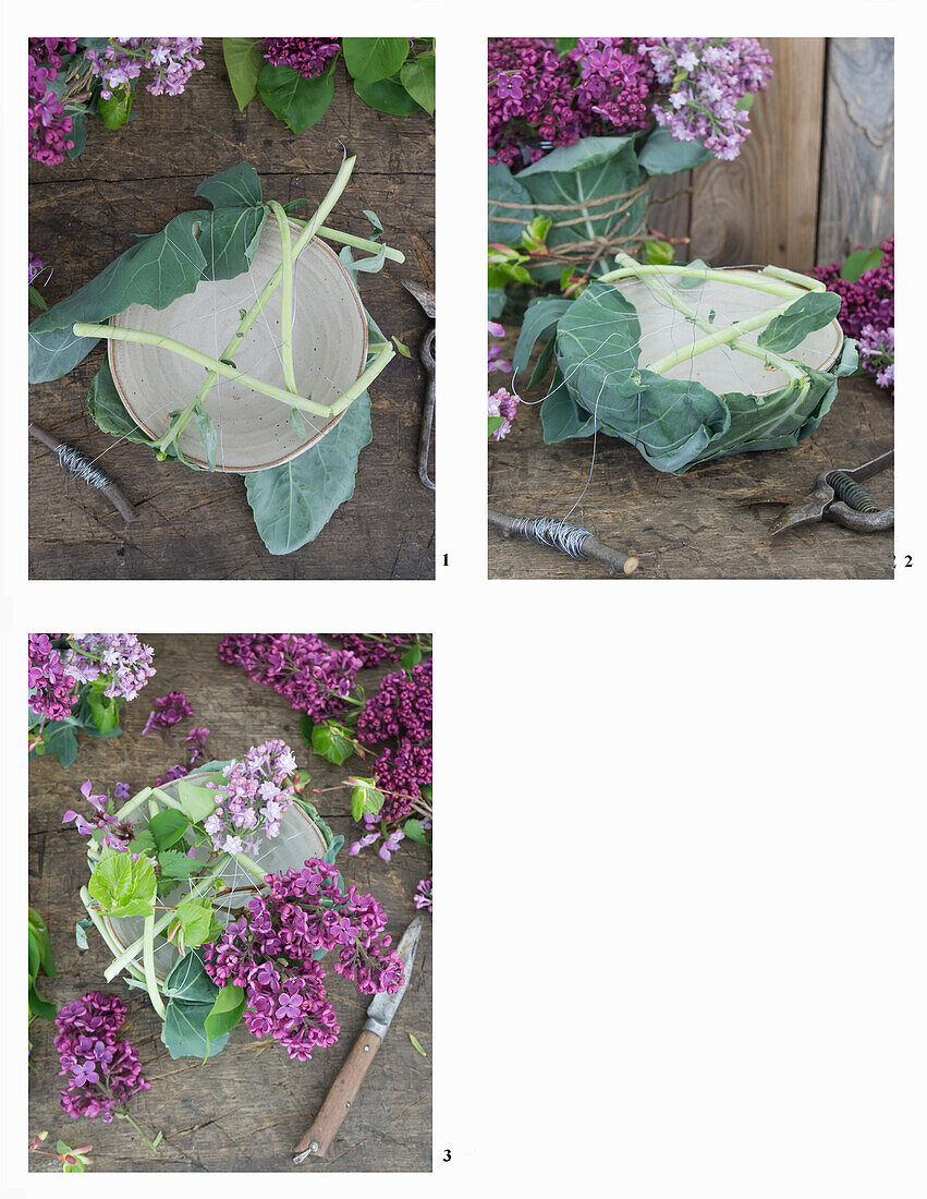 Lilac arrangement in bowl with kohlrabi leaves and stems to help with insertion