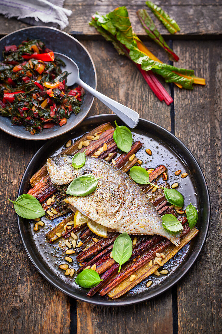 Baked Dorade on colorful chard