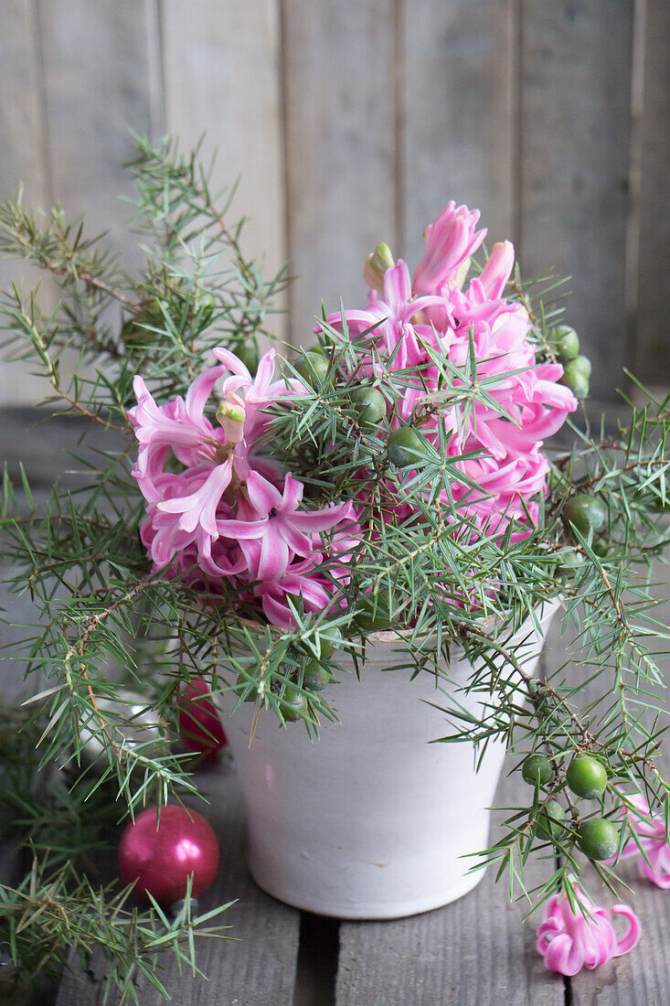 Hyacinth (Hyacinthus) and small Christmas baubles on a rustic wooden table with fir branches