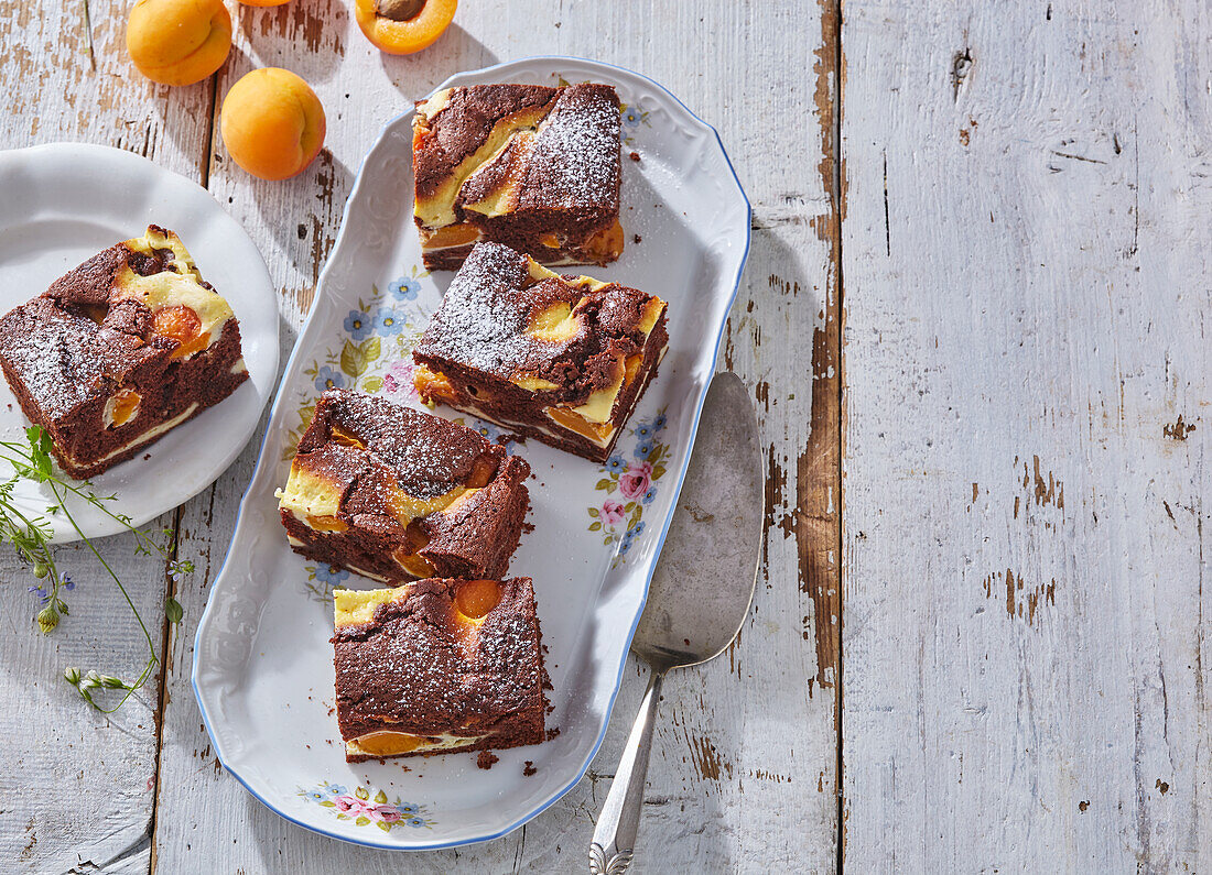 Apricot chocolate sheet cake slices