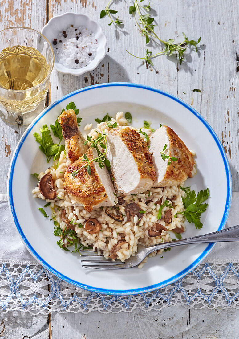 Mushroom risotto with juicy chicken breast