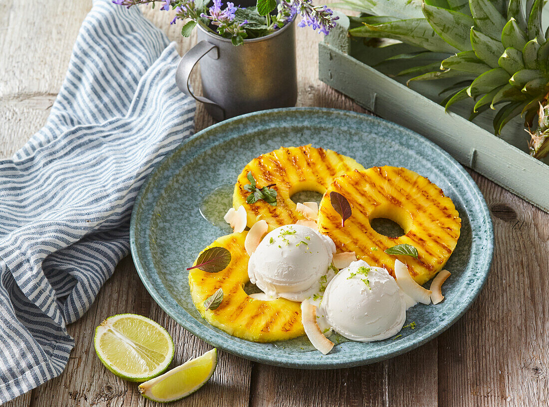Grilled pineapple with coconut ice cream