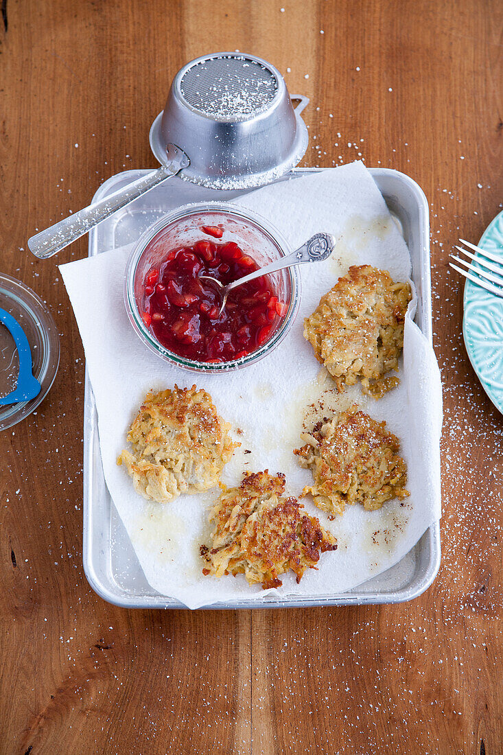 Potato pancakes with compote of cornel cherries